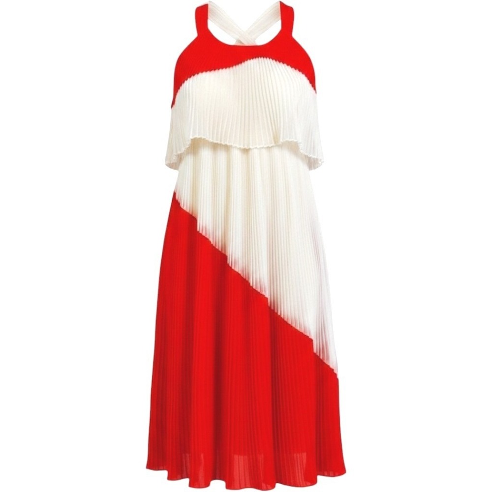 Aryn K Red Ivory Pleated Colorblock Midi Dress Sleeveless Tiered AD-7646-A M